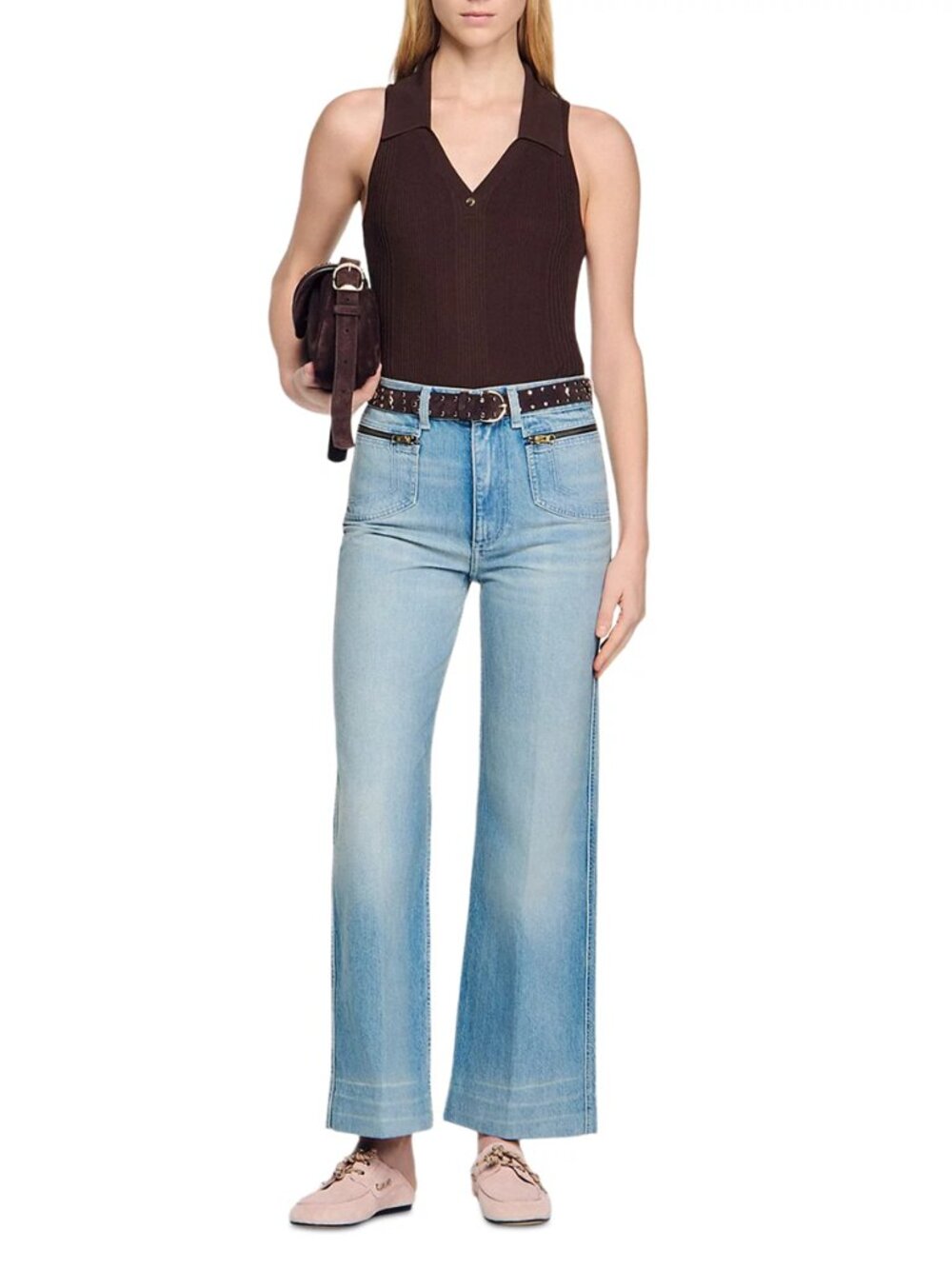SANDRO Faded Straight Zipped Cotton Jeans